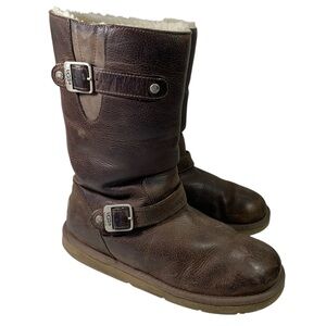 UGG Kensington Leather Moto Boots Brown Size 10 Sherpa Lined Buckle Detail